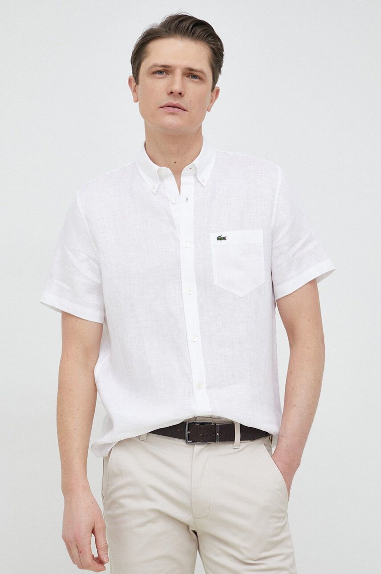 Lacoste koszula lniana kolor biały regular z kołnierzykiem button-down