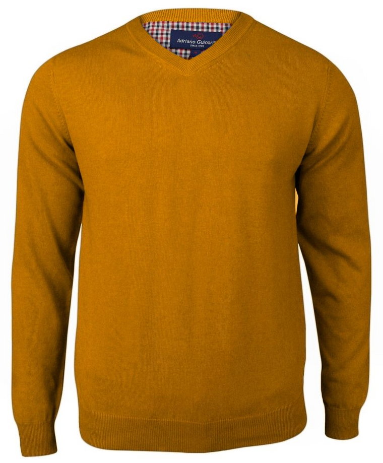 Sweter Musztardowy w Serek (V-neck), Męski, Klasyczny, Elegancki -Adriano Guinari