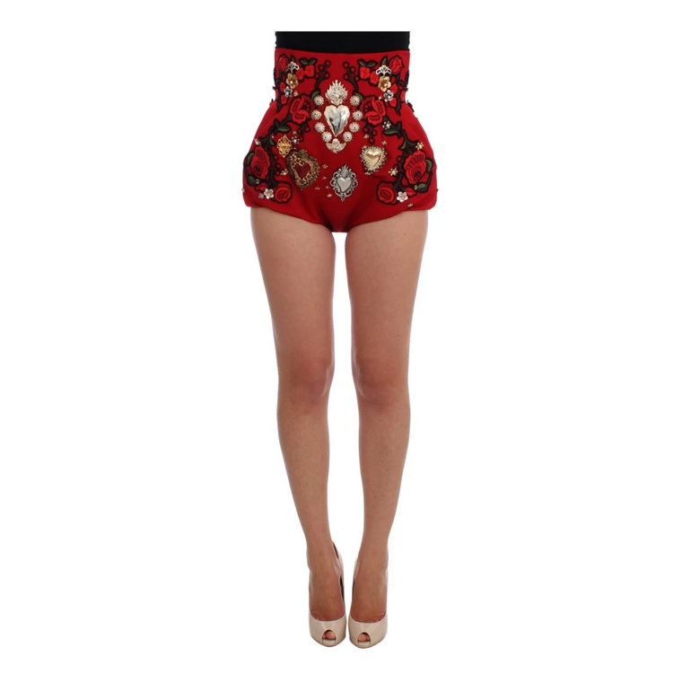 Red Silk Crystal Roses Shorts Dolce & Gabbana