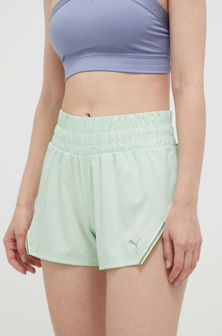 Puma szorty do biegania kolor zielony z nadrukiem high waist