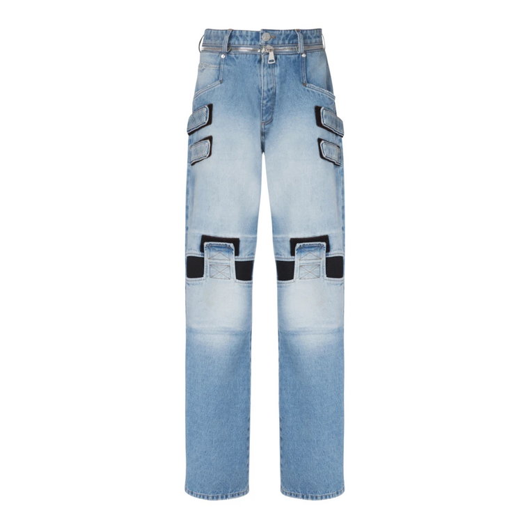 Faded wide-leg cotton jeans with Velcro strips Balmain