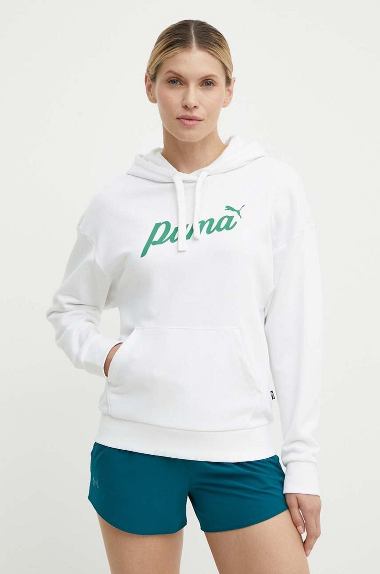 Puma bluza damska kolor biały z kapturem z nadrukiem 679348