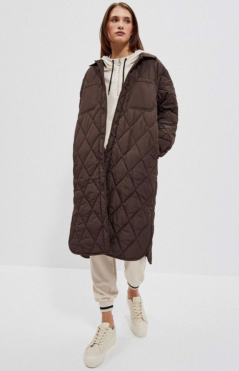 Długi pikowany płaszcz damski w kolorze brązowym 4012, Kolor brązowy, Rozmiar XS, Moodo