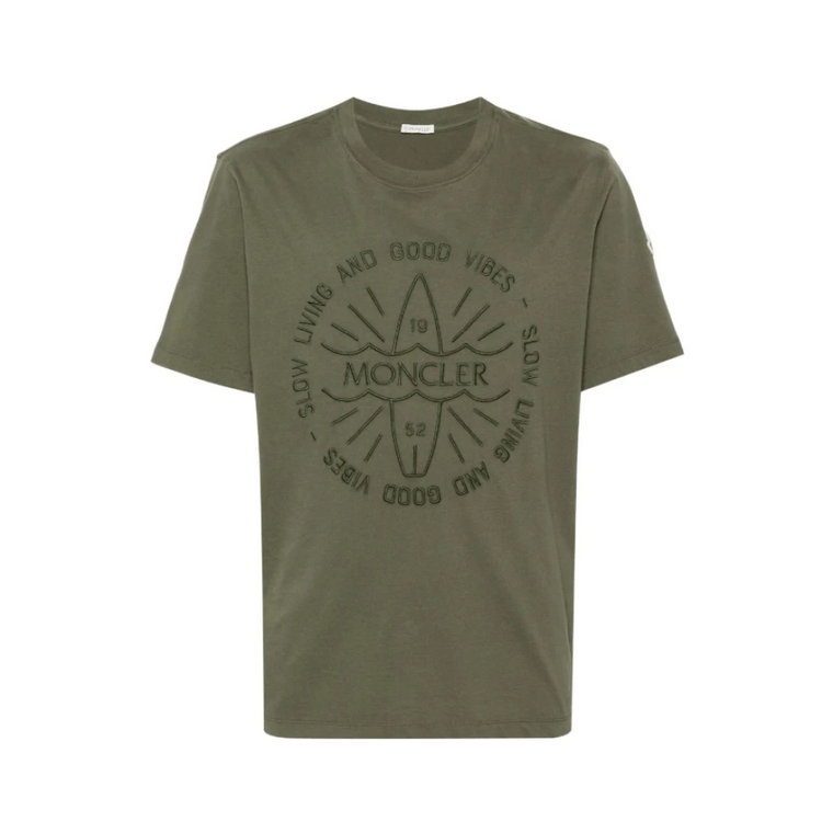 Zielony T-shirt z haftowanym logo Moncler