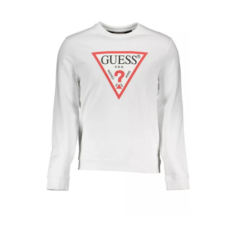 Biała Bawełniana Bluza, Slim Fit, Długi Rękaw, Okrągły Dekolt, Nadruk Logo Guess