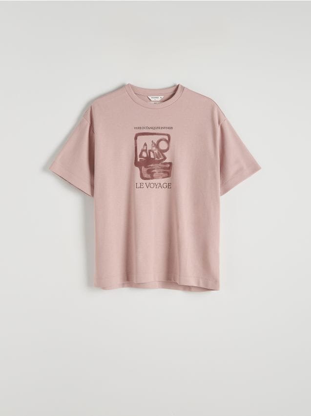 Reserved - T-shirt oversize z nadrukiem - brudny róż