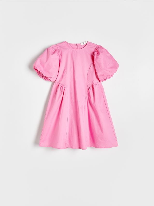 Reserved - Bawełniana sukienka z bufiastymi rękawami - różowy