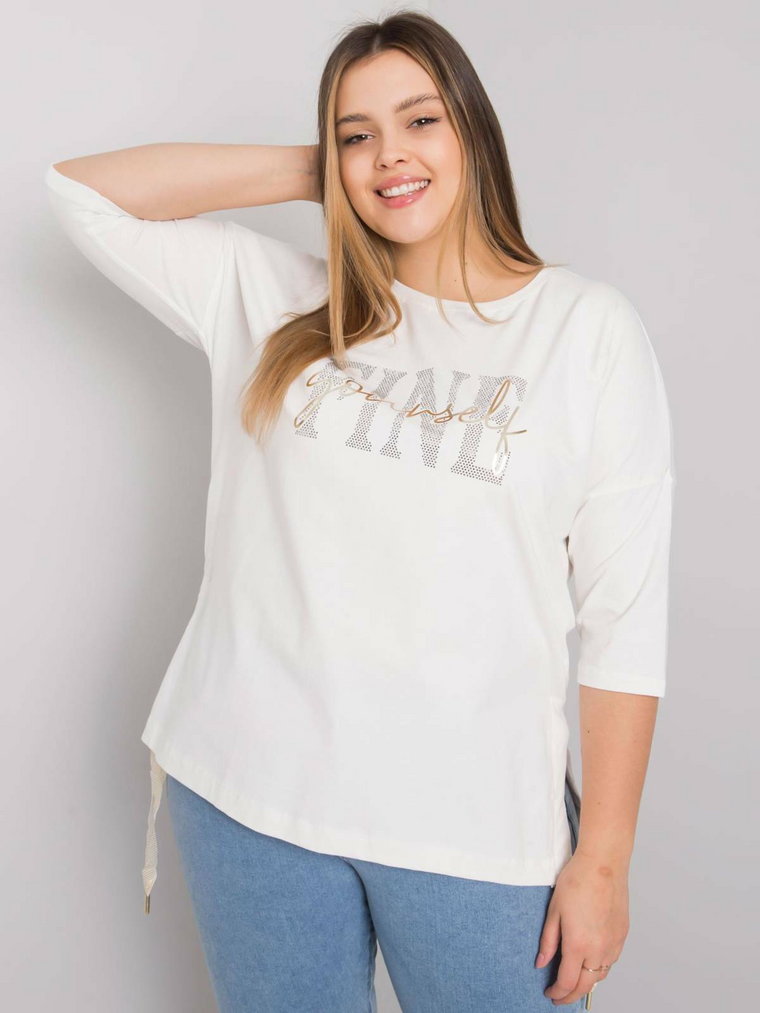 Bluzka plus size ecru casual dekolt okrągły rękaw 3/4 dżety