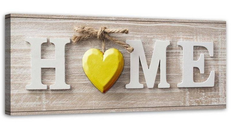 Emaga Obraz na płótnie, Napis Home z żółtym sercem na jasnym drewnie - 120x40
