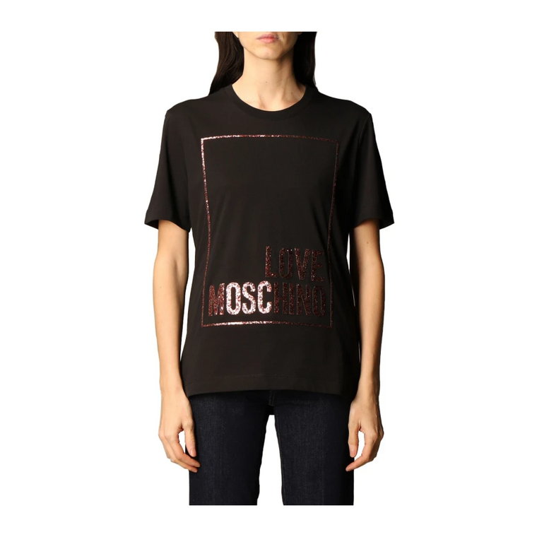 Bawełniana koszulka z nadrukiem logo z brokatem Love Moschino