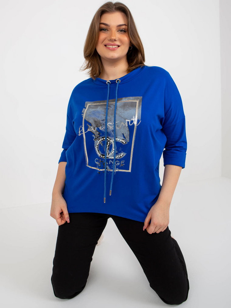 Bluzka plus size ciemny niebieski casual dekolt okrągły rękaw 3/4 dżety troczki