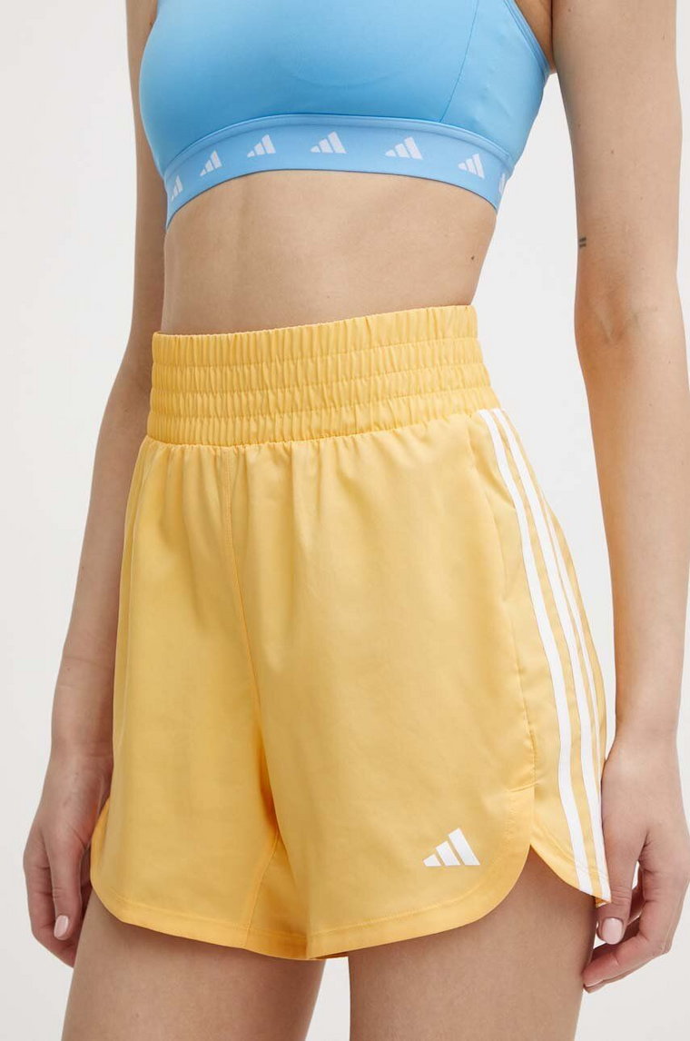 adidas Performance szorty treningowe Pacer kolor żółty z aplikacją high waist IS2179