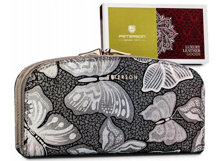 Skórzany portfel damski zdobiony holograficznymi motylami  Peterson