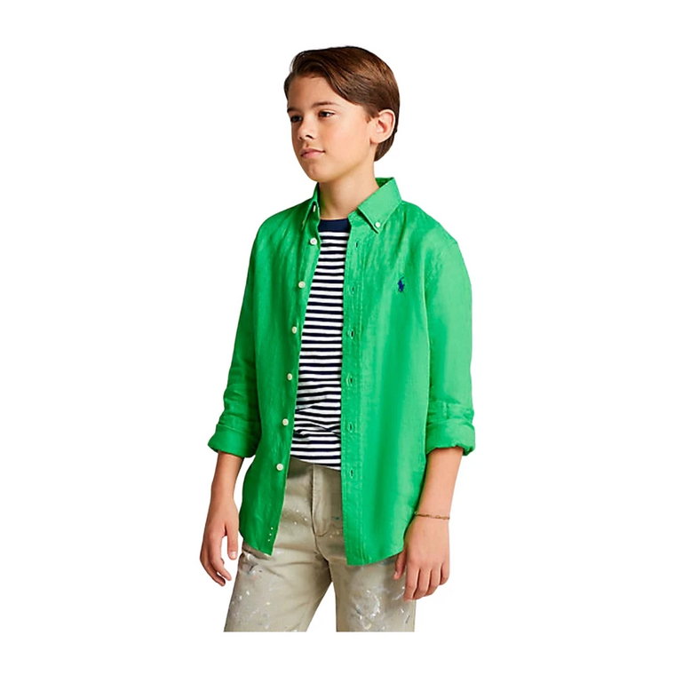 Zielona lniana koszula chłopięca - długie rękawy, zapięcie na guziki Ralph Lauren