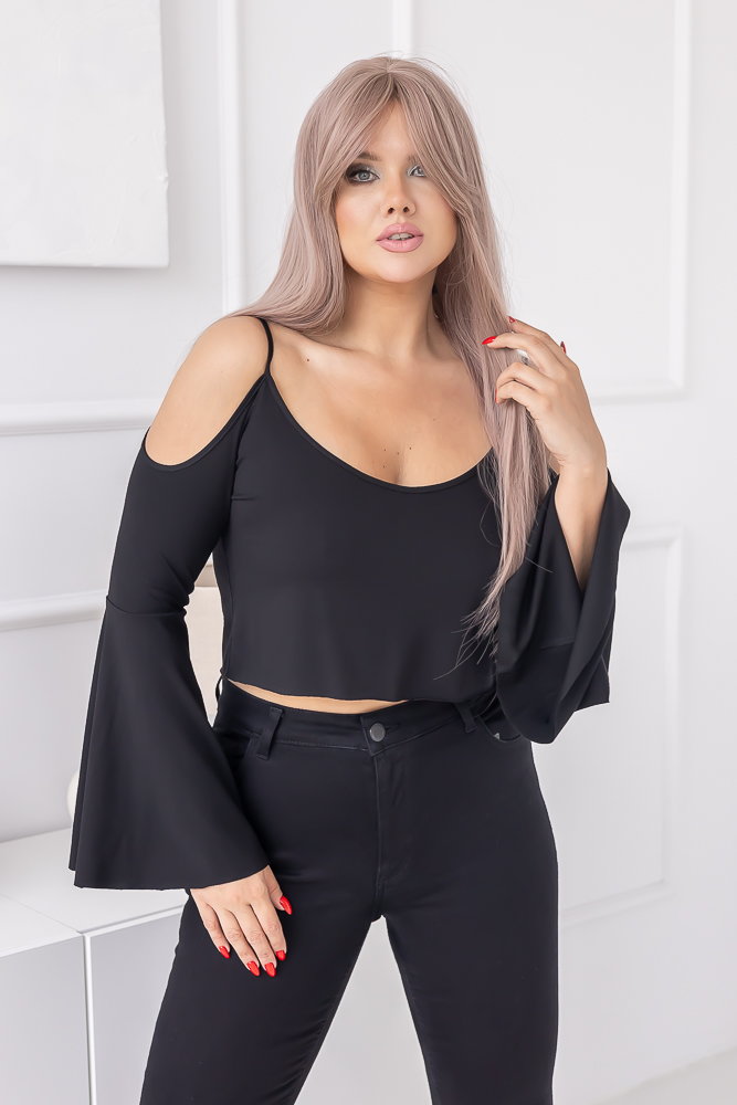 Czarny Crop Top z długim rękawem BREVI