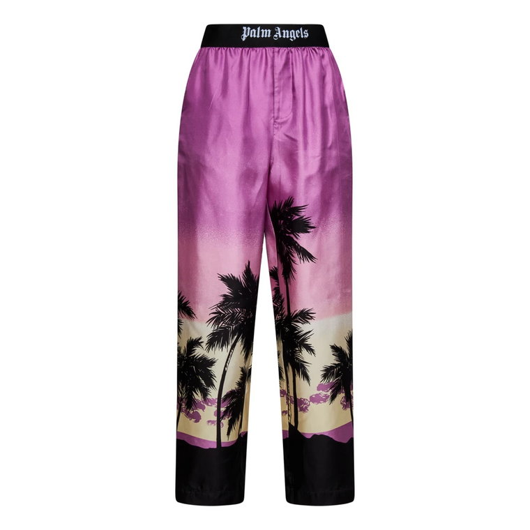 Fioletowe Spodnie z Rozszerzanymi Nogawkami i Wzorem Palmowym Palm Angels