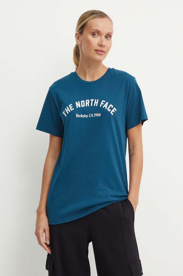 The North Face t-shirt bawełniany Tee Varsity Graphic damski kolor turkusowy NF0A89CQ1NO1