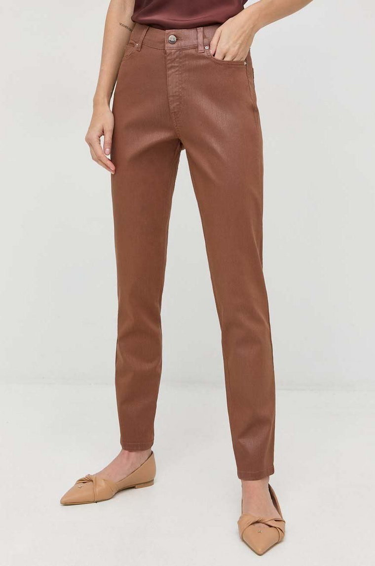 Marella spodnie damskie kolor brązowy dopasowane high waist