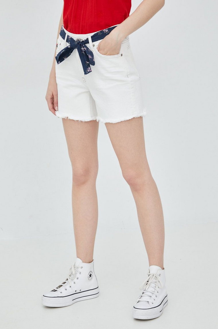 Superdry szorty jeansowe damskie kolor biały gładkie medium waist