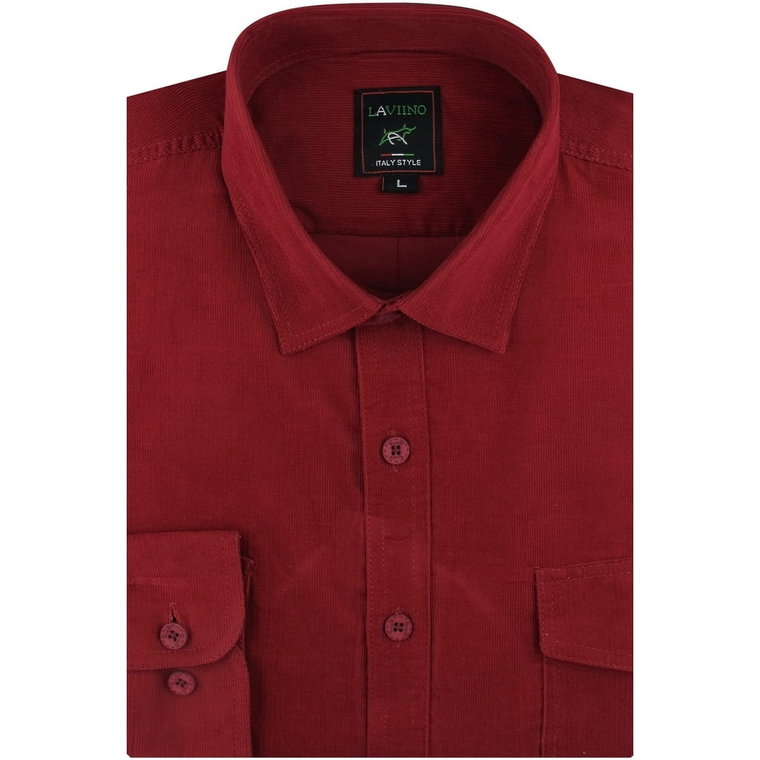 Koszula Męska Sztruksowa na co dzień do pracy robocza gładka czerwona malinowa z długim rękawem w kroju REGULAR Laviino B498
