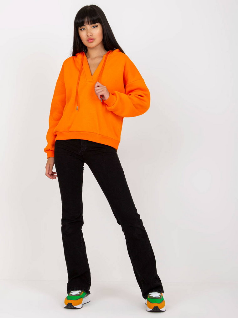 Bluza z kapturem pomarańczowy casual sportowy kaptur dekolt w kształcie V rękaw długi długość krótka troczki