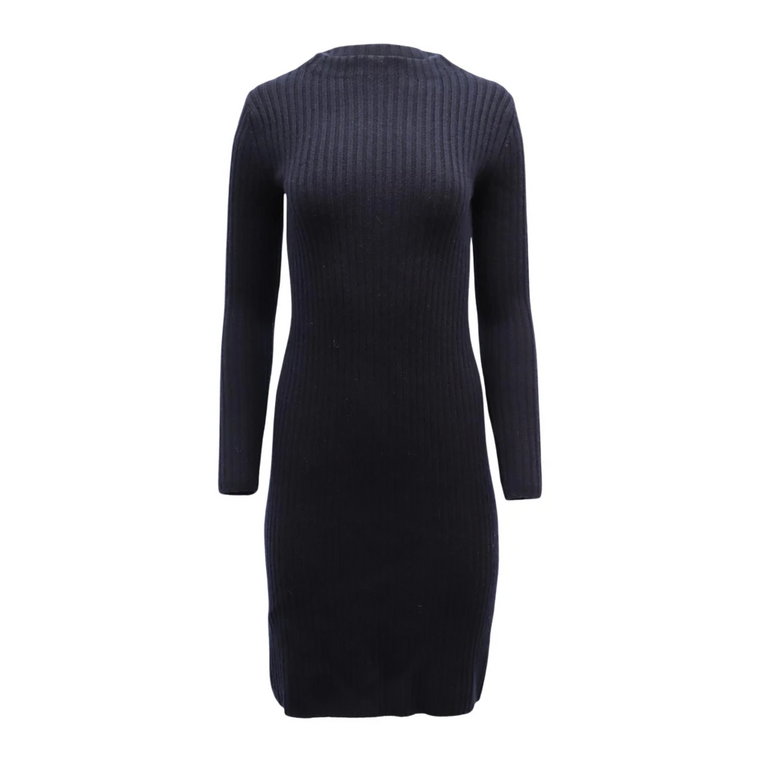 Vince Ribbed-Knit Long Sleeve Dress in Navy Blue Wool Vince