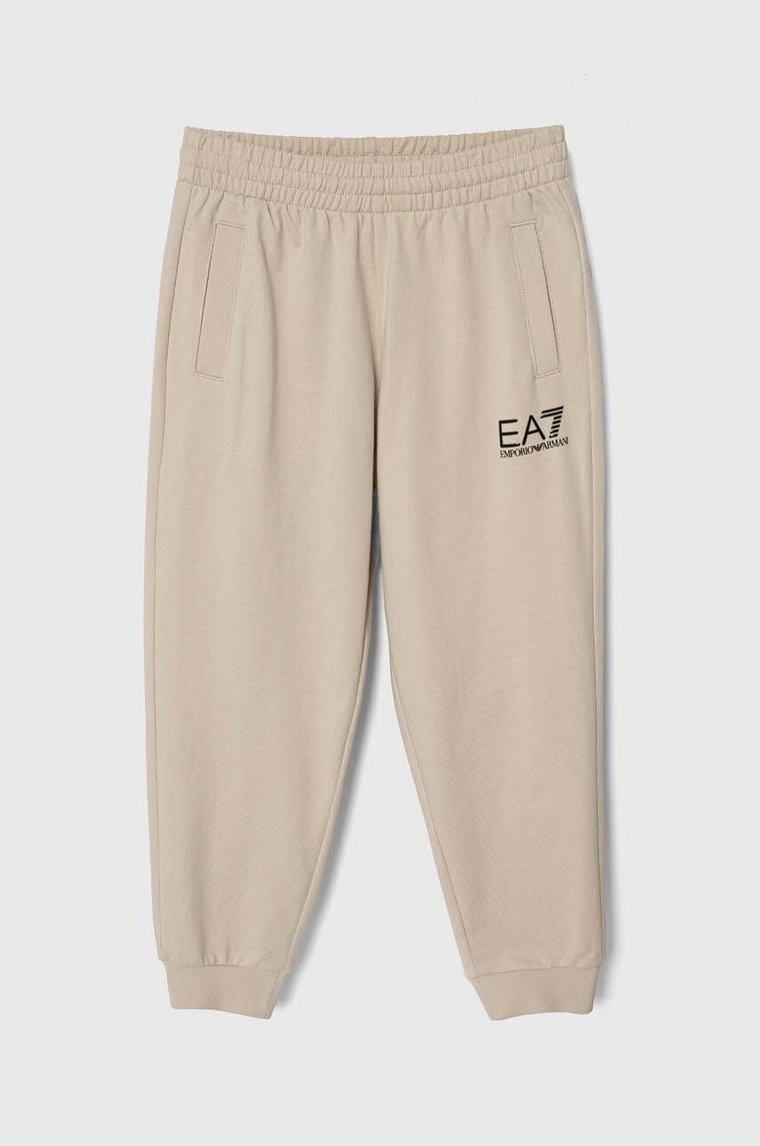 EA7 Emporio Armani spodnie dresowe bawełniane dziecięce kolor beżowy z nadrukiem