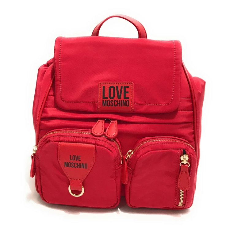 Czerwony Plecak Love z Nylonu z Klapą i Kieszeniami na Zamek Moschino