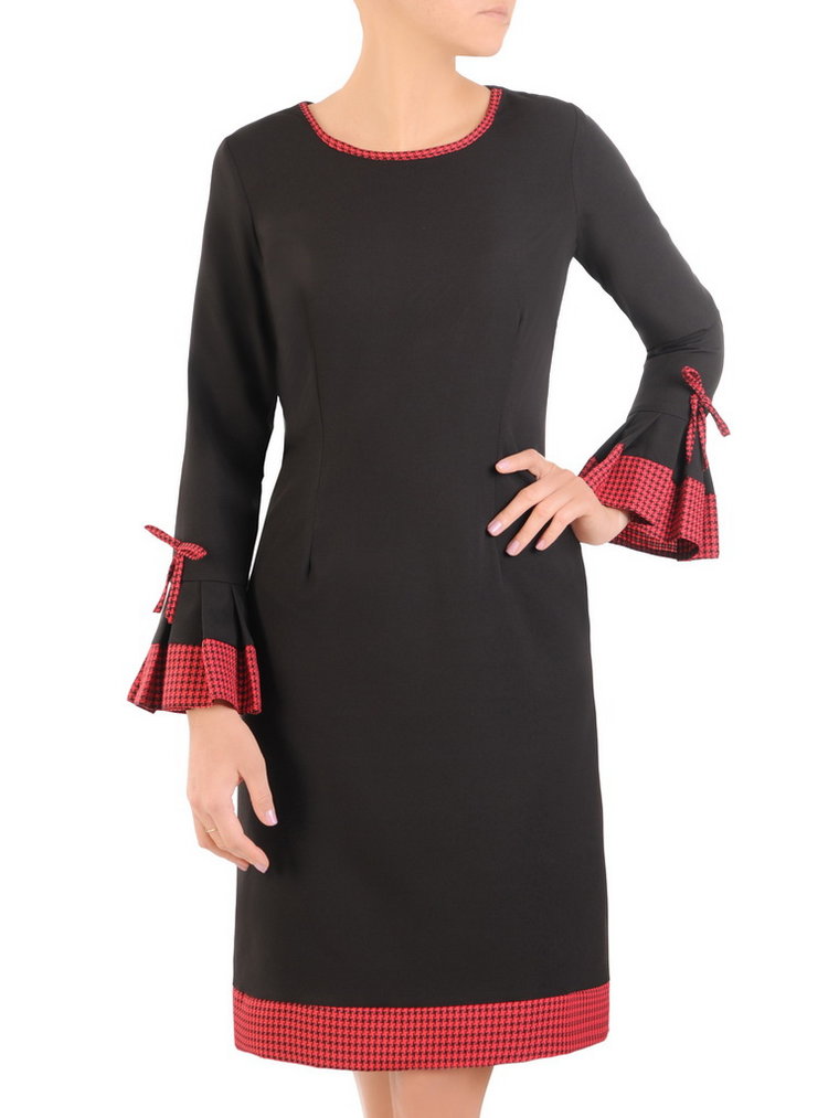 Prosta, czarna sukienka z ozdobnymi kokardami na rękawach 31421