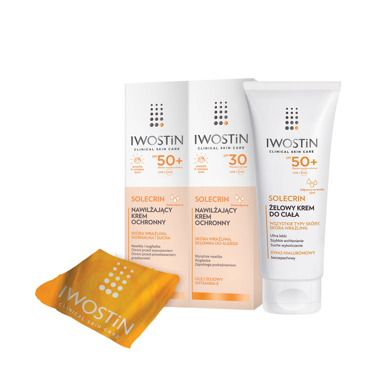 Iwostin Solecrin Zestaw Krem SPF50+ 50ml + Krem SPF30 50ml + Żel-krem SPF50+ 200ml + Ręcznik