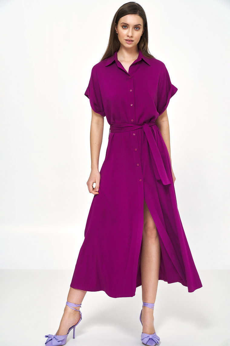 Koszulowa Sukienka z Krótkim Rękawem - Purpurowa