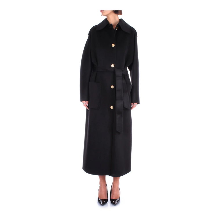 Czarny wełniany płaszcz z odpinanym paskiem i przyciskami z przodu Elisabetta Franchi