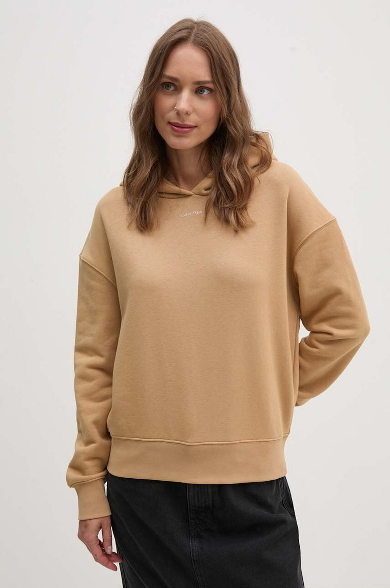 Calvin Klein bluza damska kolor beżowy z kapturem gładka K20K207202