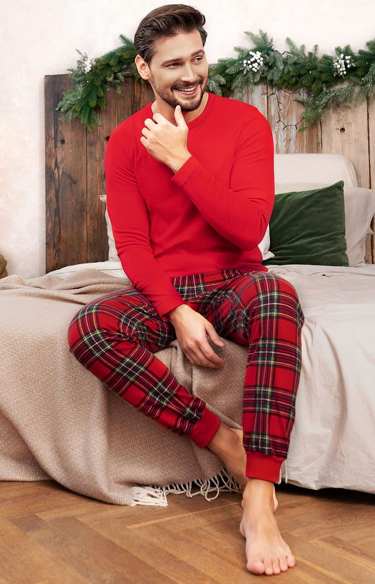 Piżama męska w kratę z długimi spodniami i długim rękawem Narwik, Kolor czerwony-kratka, Rozmiar S, Italian Fashion