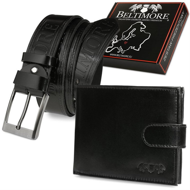 Zestaw męski skórzany premium Beltimore portfel pasek U28 : Kolory - czarny, Rozmiar pasków - r.90-105 cm