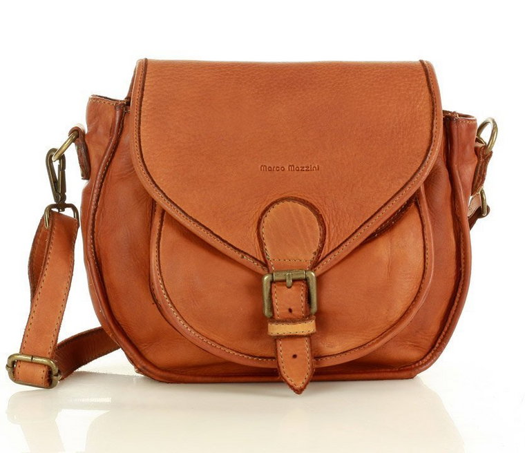 MARCO MAZZINI Klasyczna listonoszka z naturalnej skóry saddle bag genuine leather brąz camel