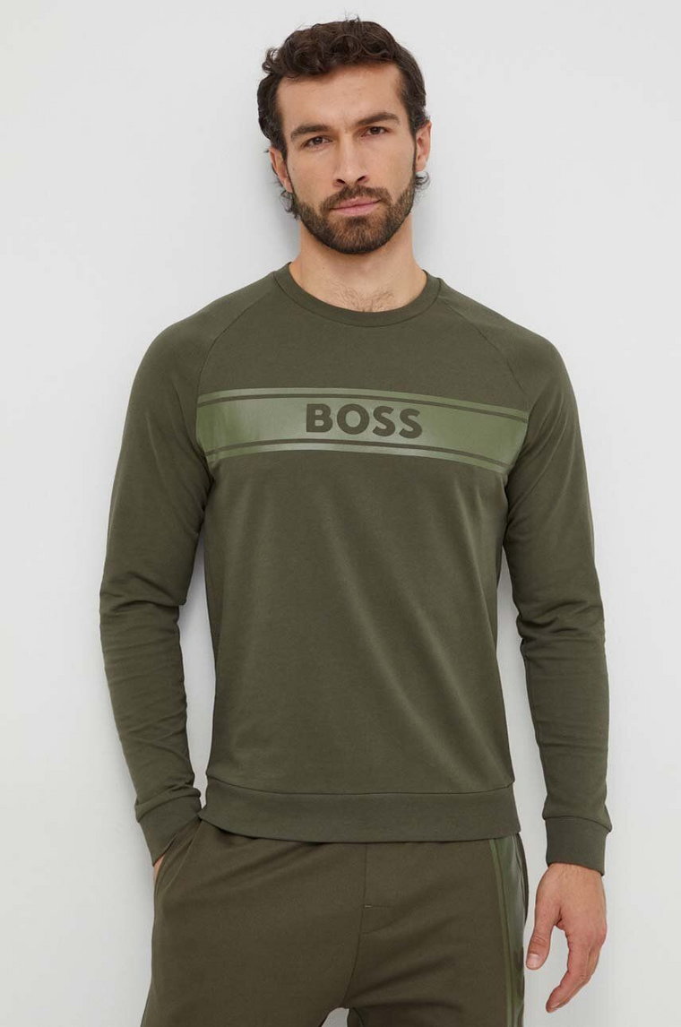 BOSS bluza bawełniana lounge kolor zielony z nadrukiem