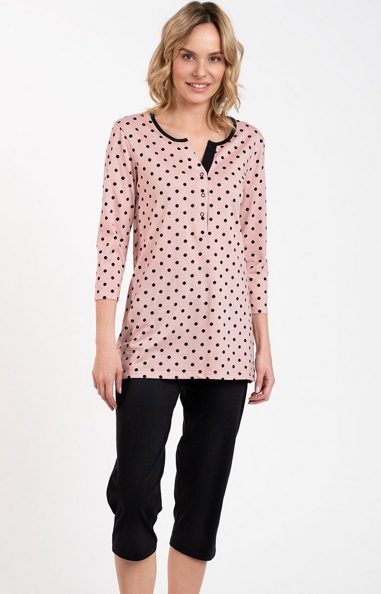 Bawełniana piżama damska 3/4 Marit, Kolor różowo-czarny, Rozmiar S, Italian Fashion