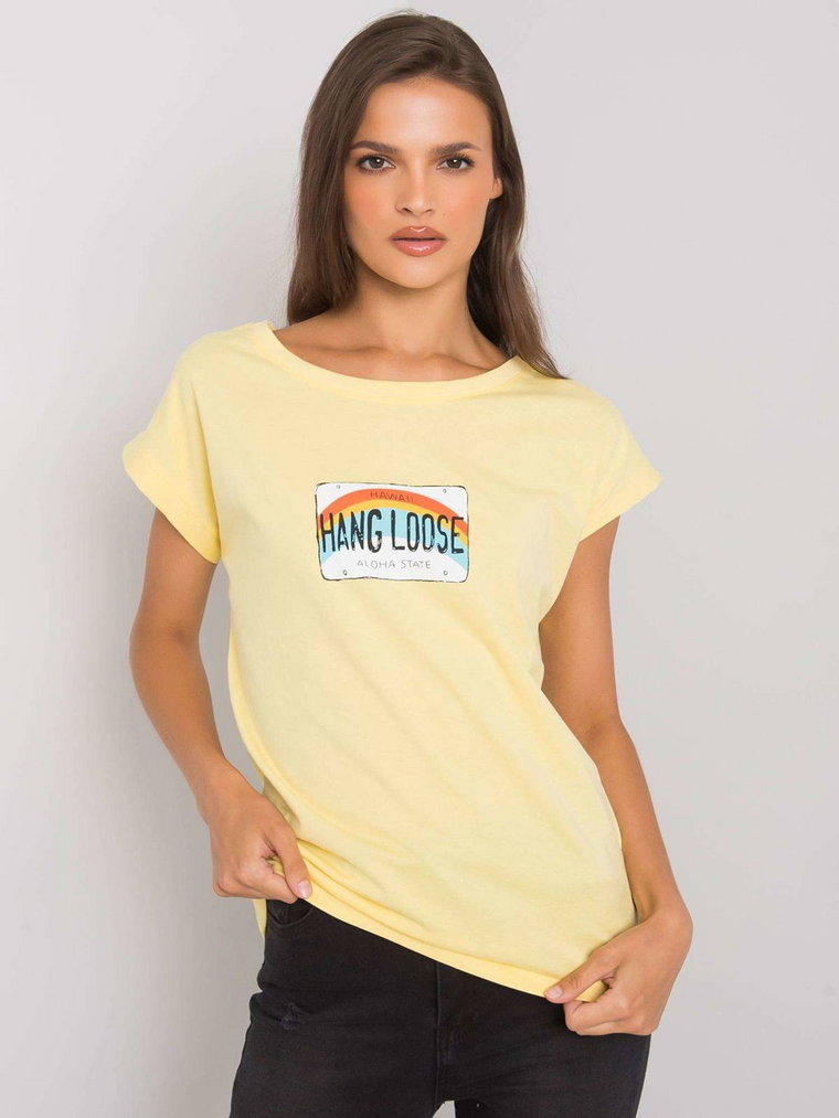 T-shirt z nadrukiem jasny żółty dekolt okrągły rękaw krótki