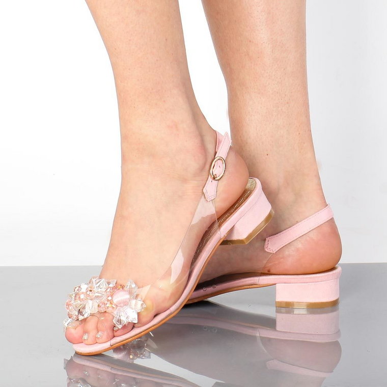 Różowe silikonowe sandały damskie na obcasie z kryształami, transparen