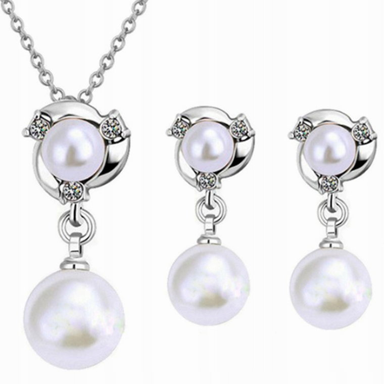 Srebrny Komplet Biżuterii Perły Białe Cyrkonie
