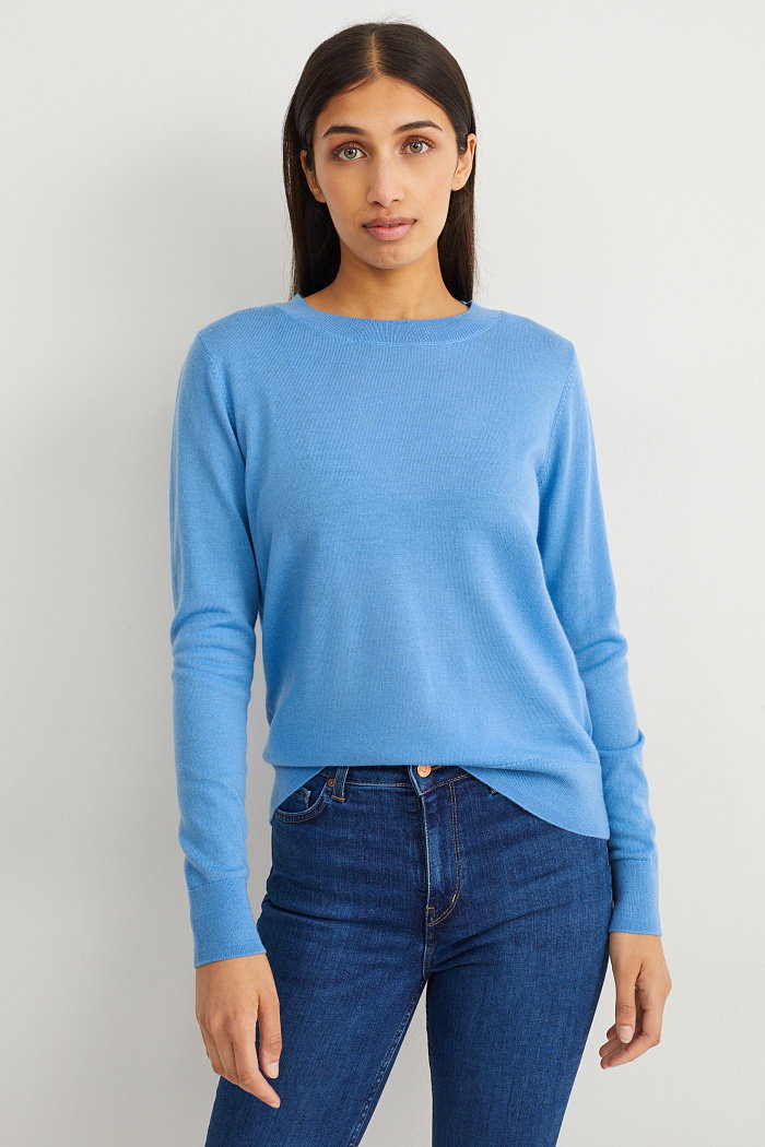 C&A Sweter z wełny merynosów basic, Niebieski, Rozmiar: M