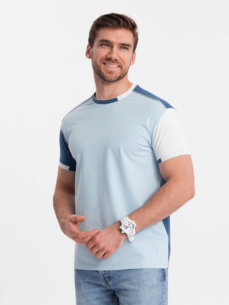Męski t-shirt z elastanem z kolorowymi rękawami - niebieski V2 OM-TSCT-0176