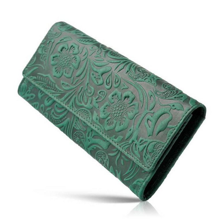 Zielony damski portfel skórzany z kwiatowym motywem