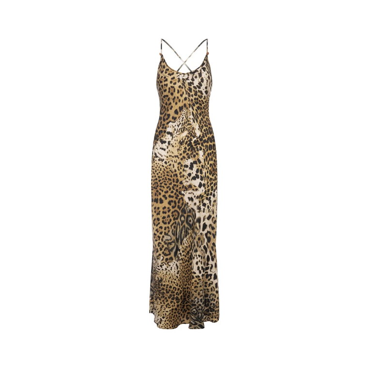 Jedwabna Sukienka w stylu midi z printem w panterkę Roberto Cavalli