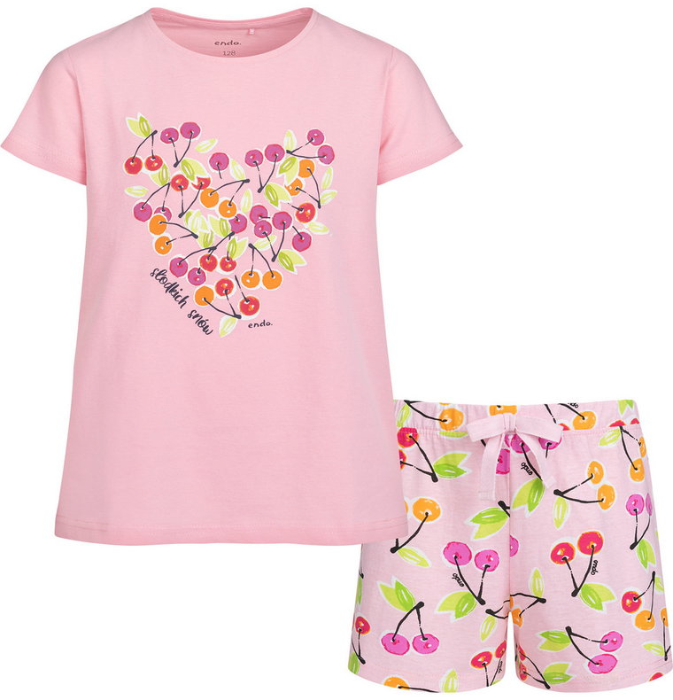 Piżama dziecięca piżamka dziewczęca bawełniana różowa 110 z wisienkami Endo