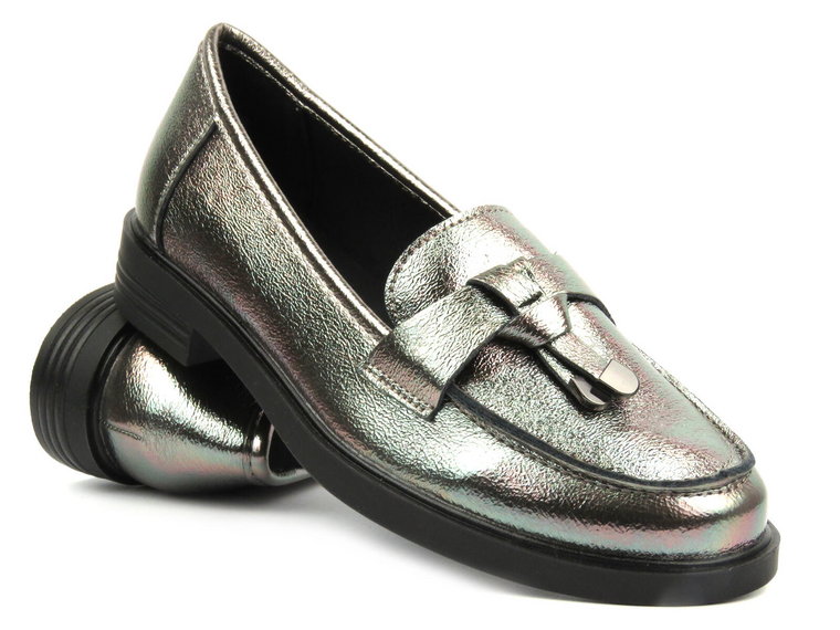 Półbuty, loafersy damskie Potocki 24-12369, metaliczne