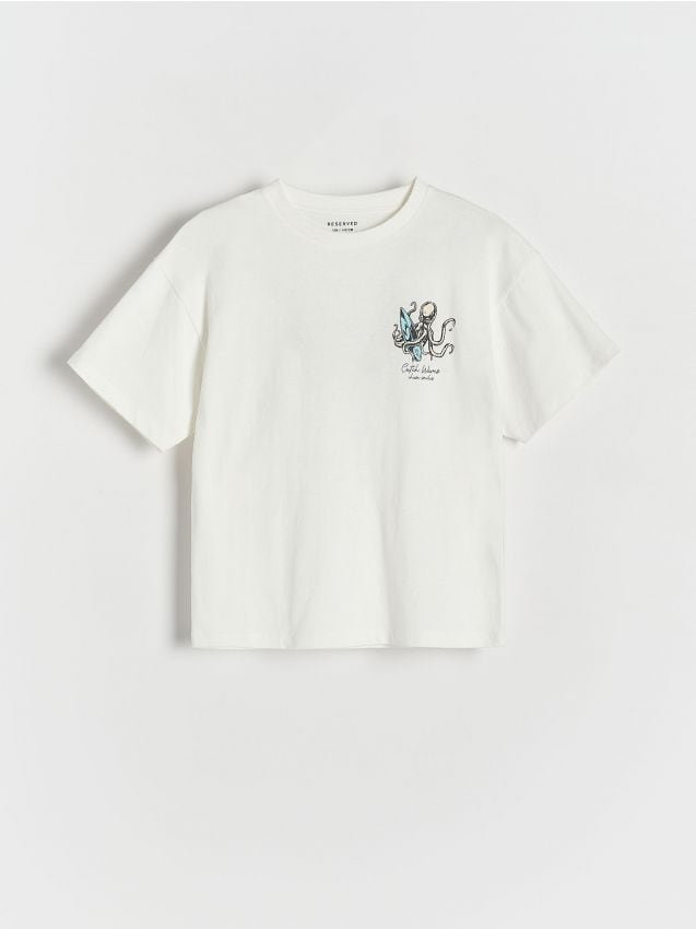 Reserved - T-shirt oversize z nadrukiem - złamana biel