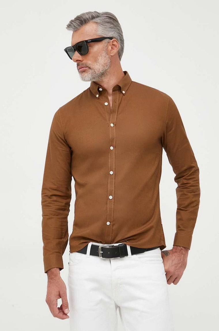 Lindbergh koszula męska kolor brązowy slim z kołnierzykiem button-down