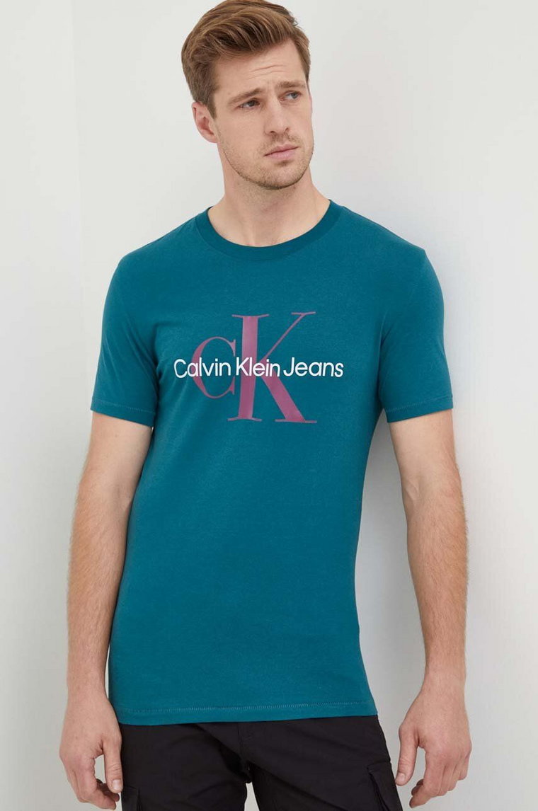 Calvin Klein Jeans t-shirt bawełniany kolor turkusowy z nadrukiem